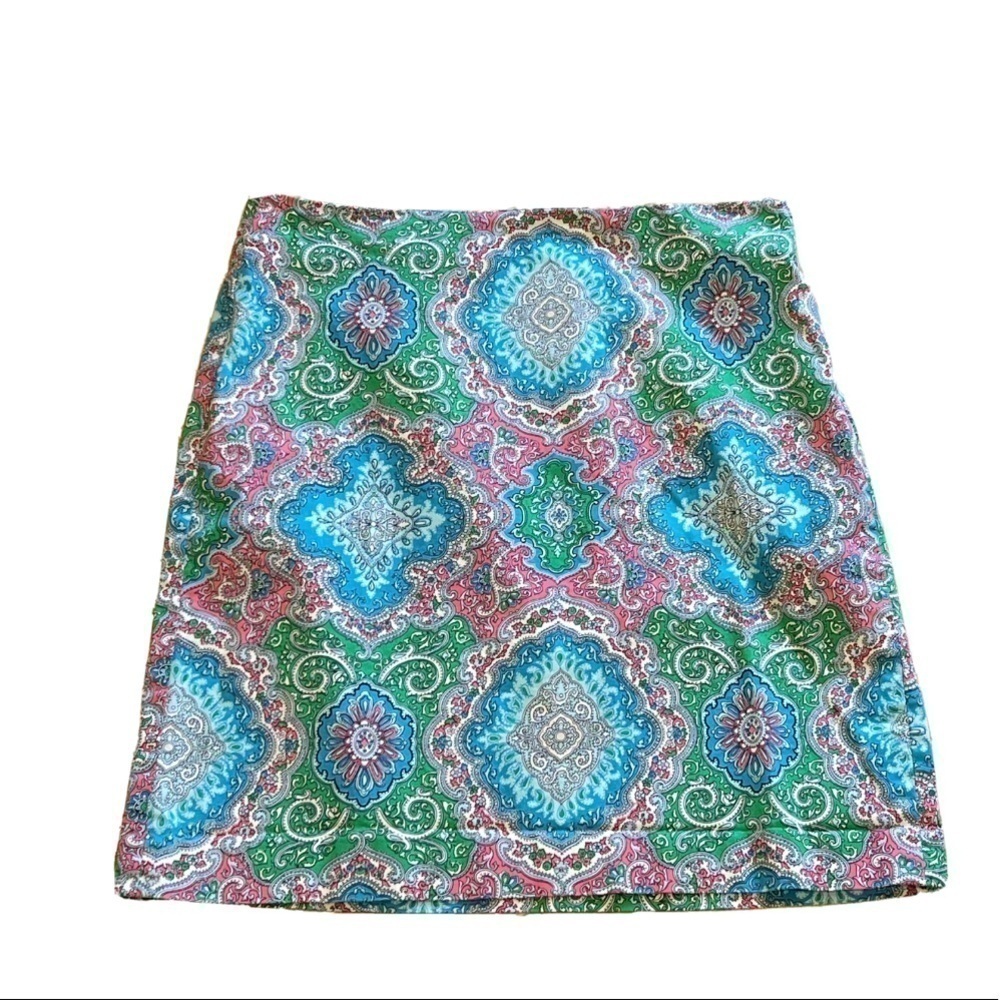 Talbots paisley mini skirt stretch cotton blue green pink mid rise size 8